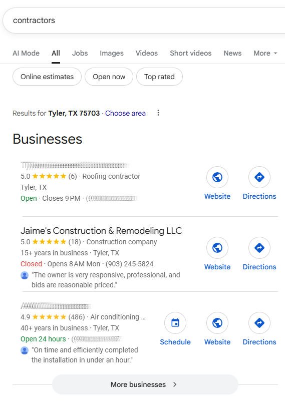 Resultados de búsqueda Google Maps Tyler TX mostrando cliente en posición 2 Contractor Resultados de búsqueda Google Maps Tyler TX mostrando cliente en posición 2 Contractor