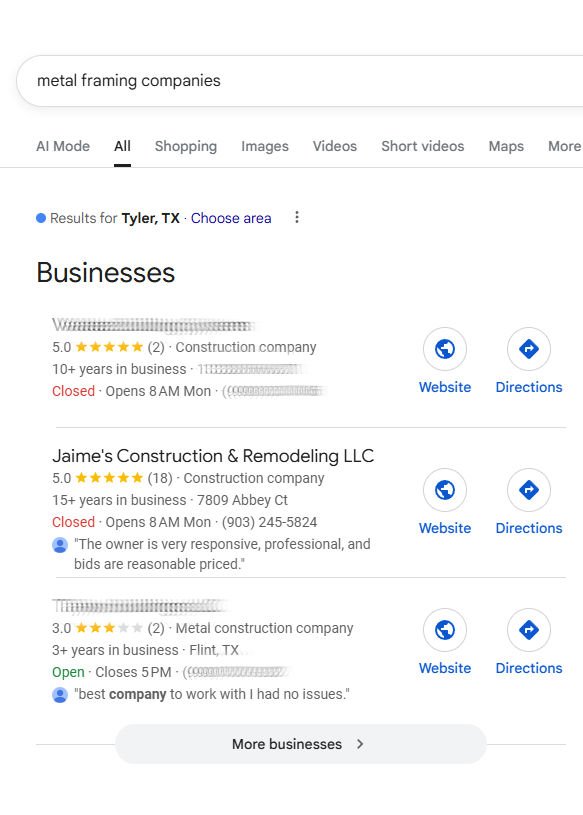 Resultados de búsqueda Google Maps Tyler TX mostrando cliente en posición 2 Metal freming Resultados de búsqueda Google Maps Tyler TX mostrando cliente en posición 2 Metal framing
