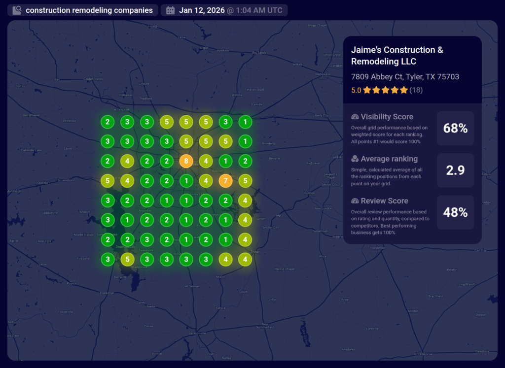 Mapa de calor SEO local Whitespark mostrando rankings en verde para Tyler TX Mapa de calor SEO local Whitespark mostrando rankings en verde para Tyler TX