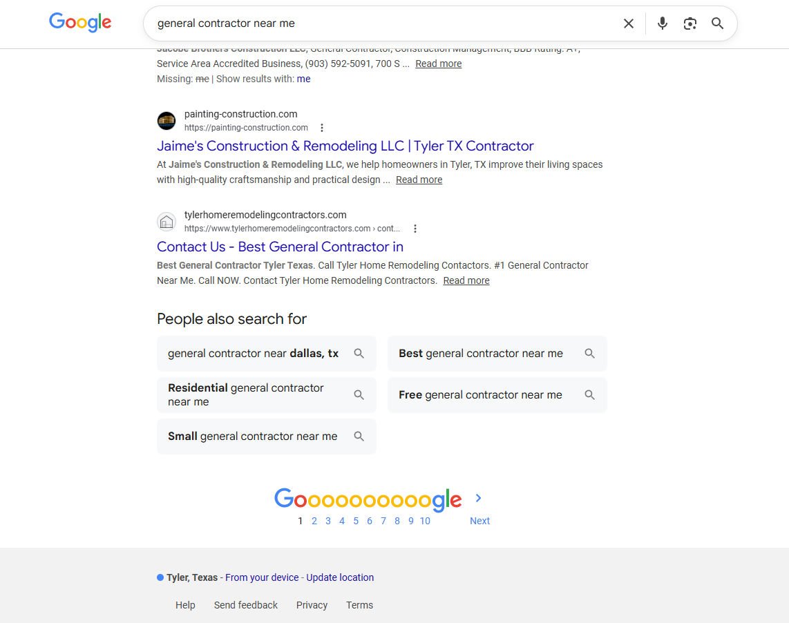 Caso real: ¿Cómo un contractor apareció en la primera página de Google en Tyler Texas? 3 primera página general contractor near me